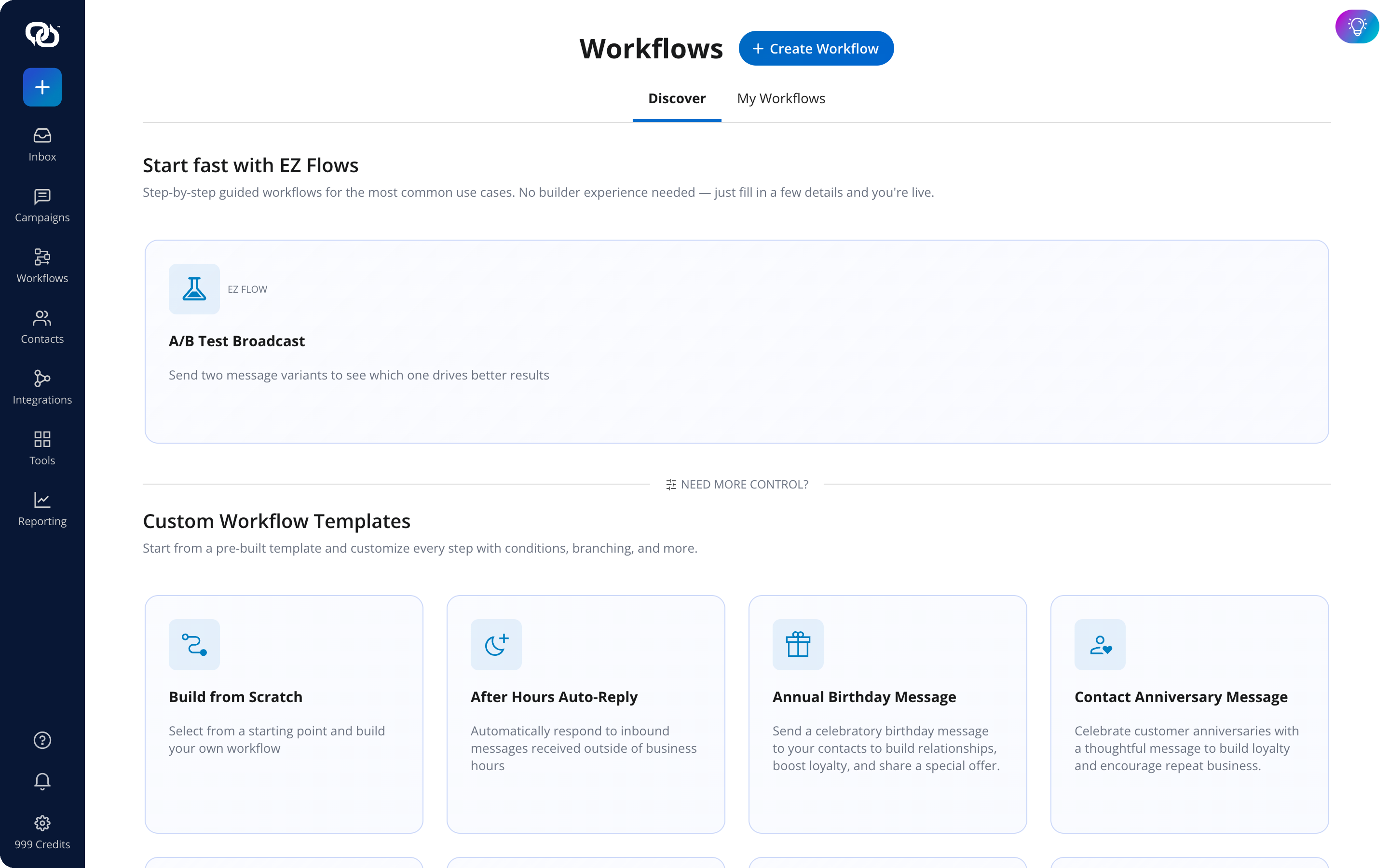The EZ Texting Workflows builder showing EZ Flows templates and multi-step automation sequences