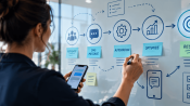 Blueprint-style illustration of an SMS marketing strategy plan with connected campaign steps