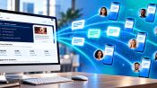 EZ Texting campaign dashboard on a desktop computer sending a mass text to a network of phones